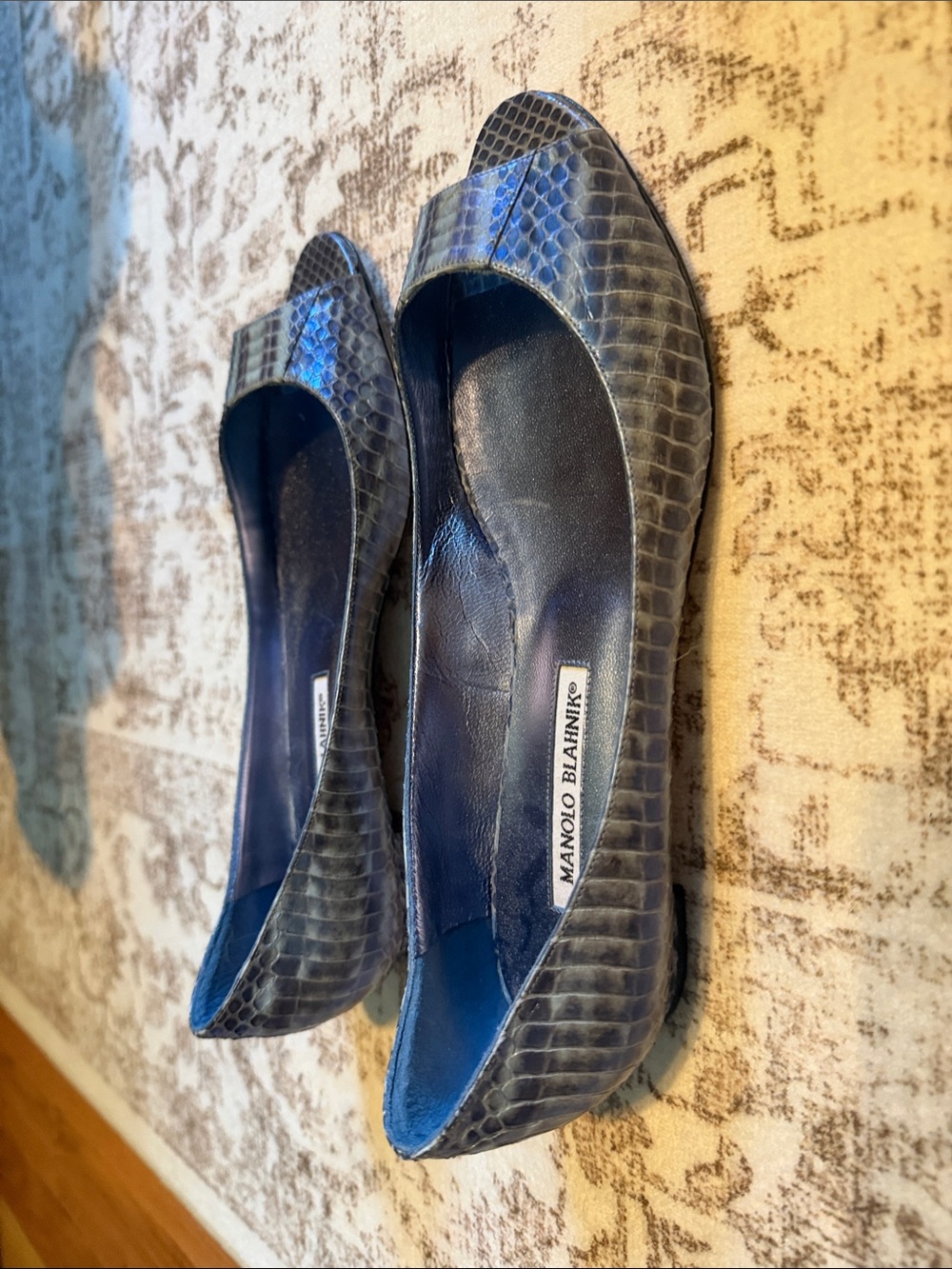Manolo Blahnik Blue Snake-Embossed Open Toe Ballet Flats